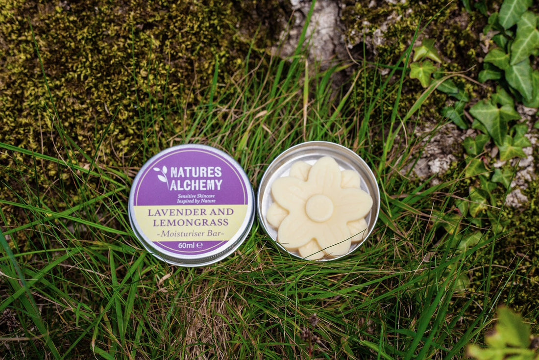 Natures Alchemy Lavender and Lemongrass Solid Moisturiser Bar for dry skin and hands, handmade in Ireland in a reusable tin