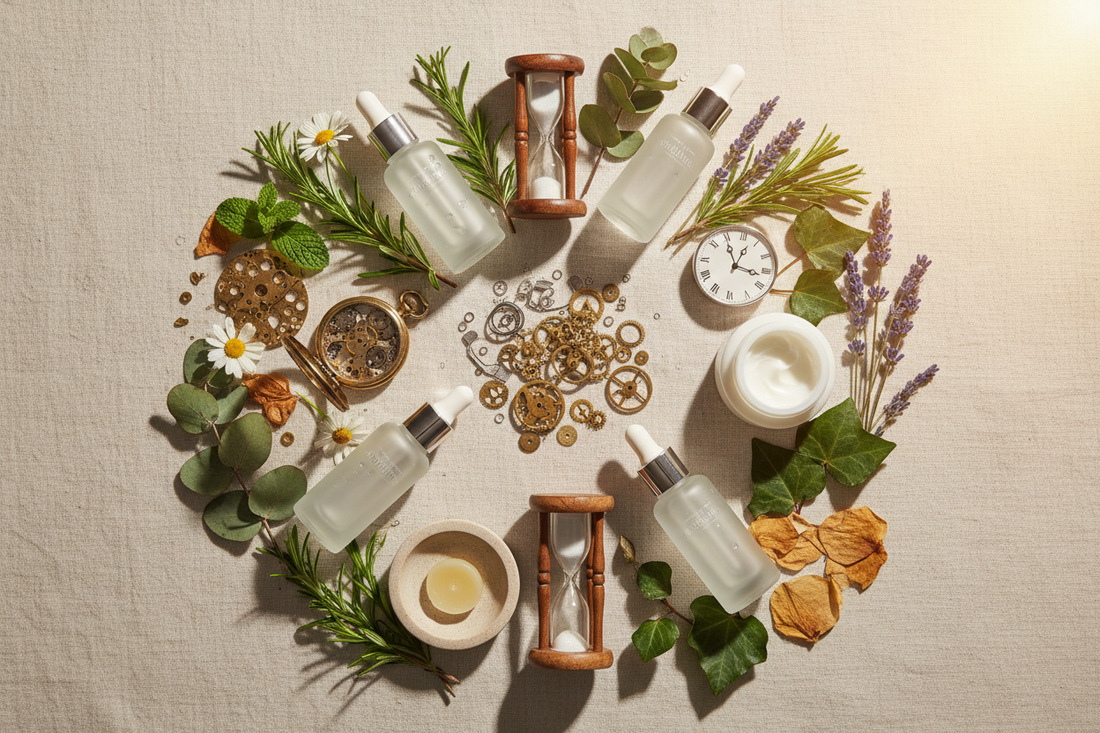 Natural skincare products with herbs and clocks for seasonal routine change