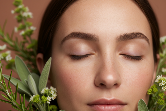 Woman with closed eyes surrounded by natural herbs, representing gentle natural skincare for dry skin on eyelids