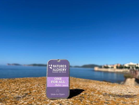 Natures Alchemy One for All Balm 20ml on a coastal path, Camino skincare bundle for walking and travel